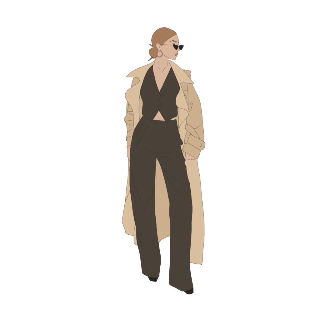 Girl in black suit with camel trench coat looking sideways