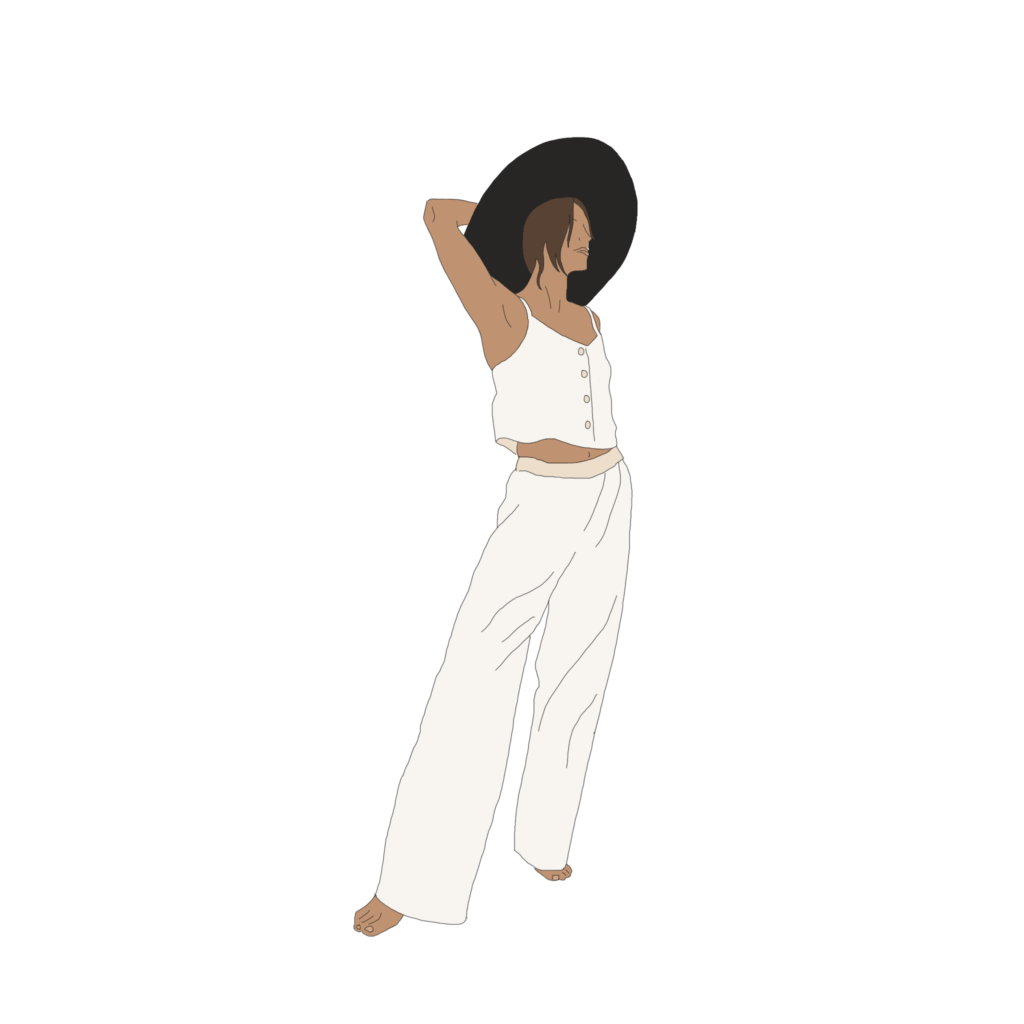 Girl in white on white with black hat